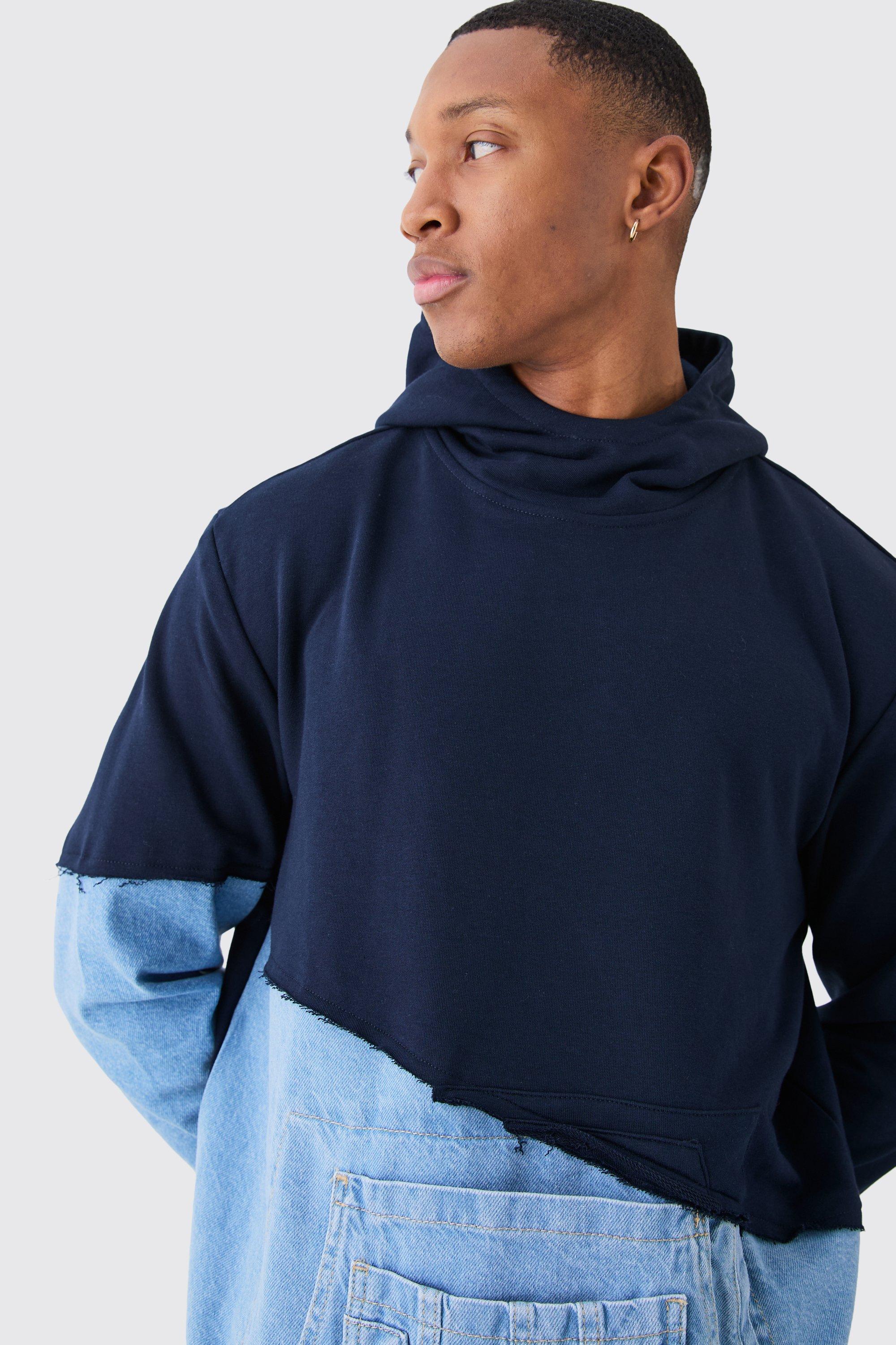 Boxy Fit Spliced Jersey Denim Tape Detail Hoodie